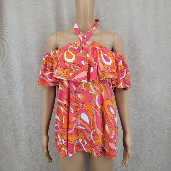 Michael Kors Flounce Halter Vibrant Pink and Orange Off Shoulder Top - Picture 1 of 8